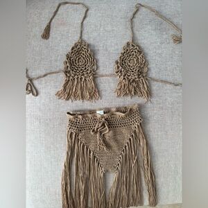 Handmade Crochet Fringe Bikini Set (bottom + top) in Brown/tan size S - new -